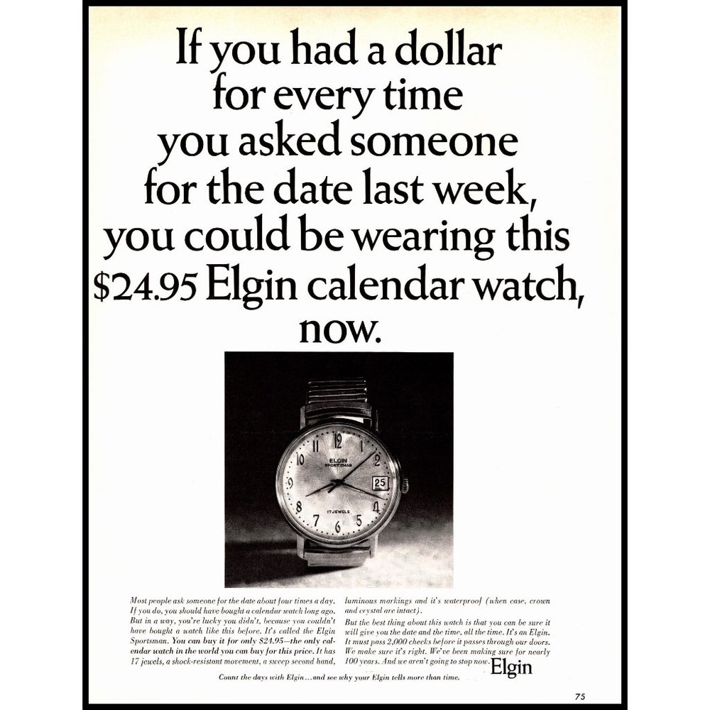 1963 Elgin Sportsman Calendar Watch Vintage Print Ad Wall Art 10x13